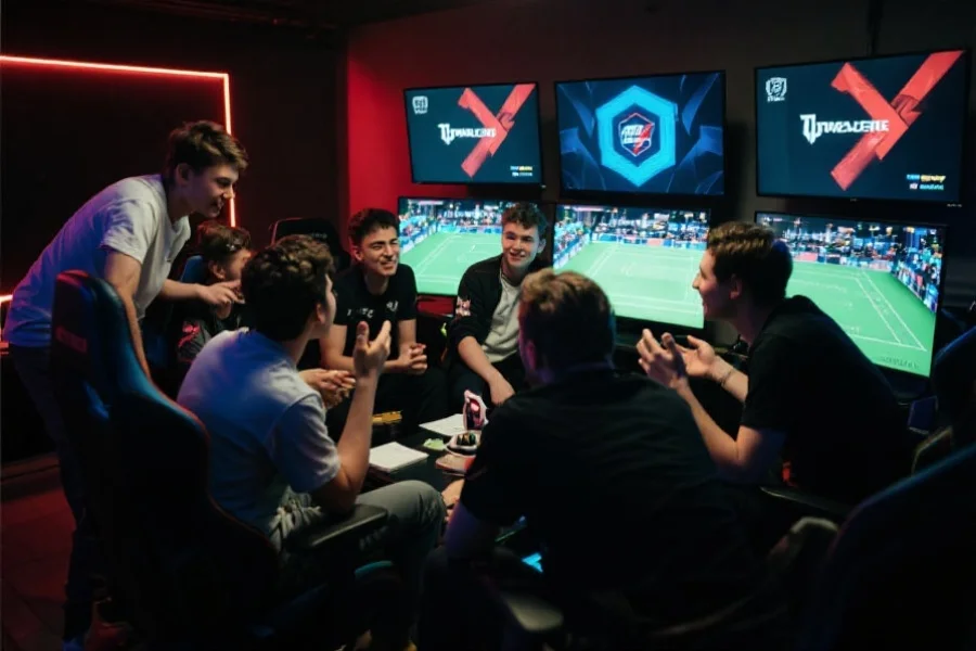 一群电竞玩家围坐在显示屏前，热情讨论比赛与竞猜策略，氛围积极互动