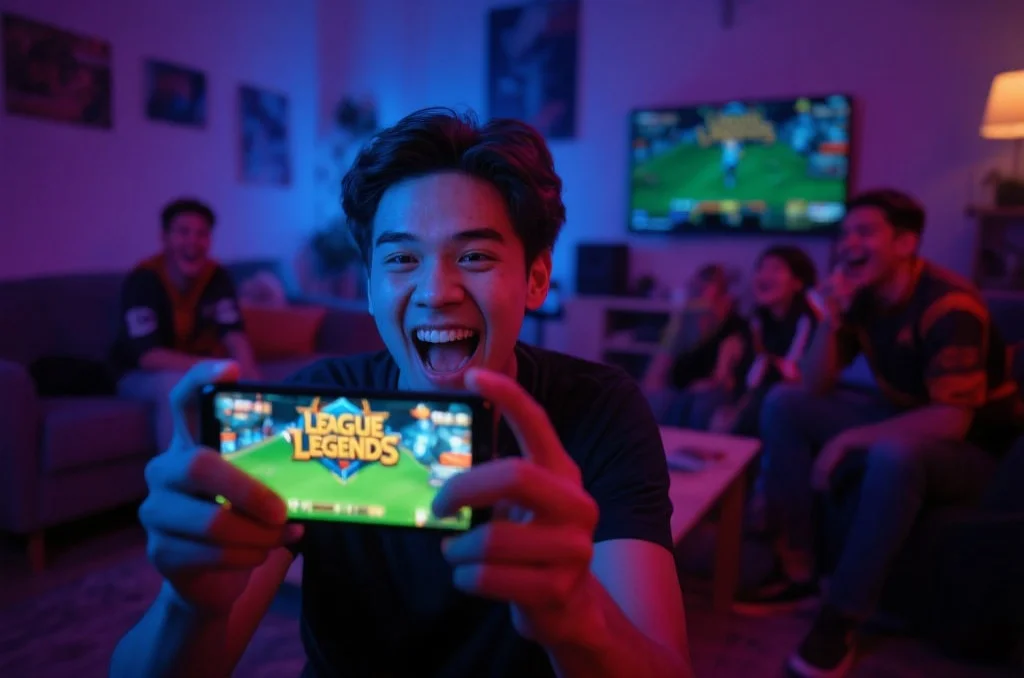 一位粉丝通过手机观看英雄联盟S15比赛